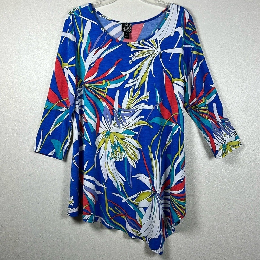 CLARA SUN WOO Kerchief Angle‎ Hem Tunic Top XL Floral Print Stretch Made In USA